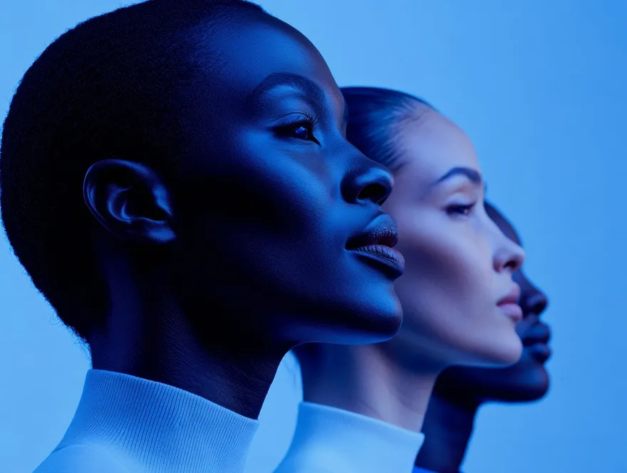 Profiles of three people lit in blue tones, looking forward together